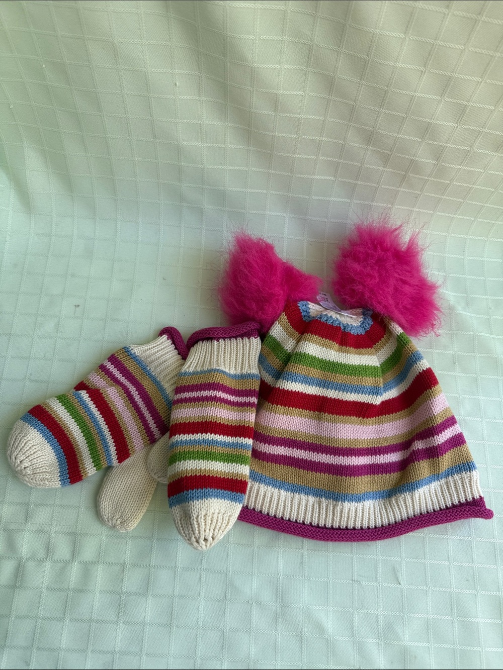 New Gap Striped Knit Cotton Hat and Mittens Set with Hot Pink Pompoms